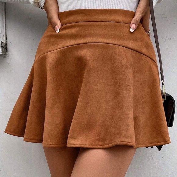 Rust Brown Vegan Suede Zipper Flared Mini Skirt - Picture 5 of 7